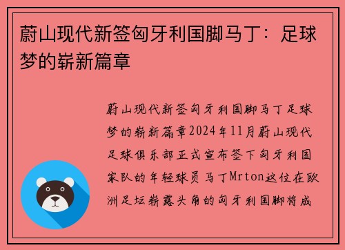 蔚山现代新签匈牙利国脚马丁：足球梦的崭新篇章