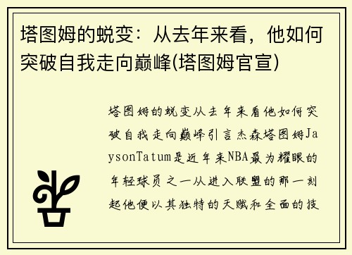 塔图姆的蜕变：从去年来看，他如何突破自我走向巅峰(塔图姆官宣)