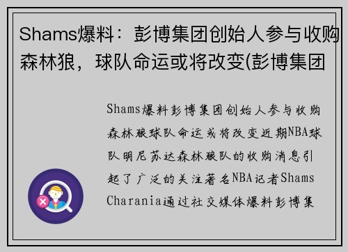 Shams爆料：彭博集团创始人参与收购森林狼，球队命运或将改变(彭博集团市值)