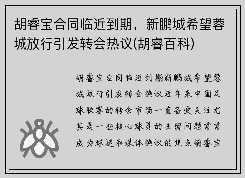 胡睿宝合同临近到期，新鹏城希望蓉城放行引发转会热议(胡睿百科)