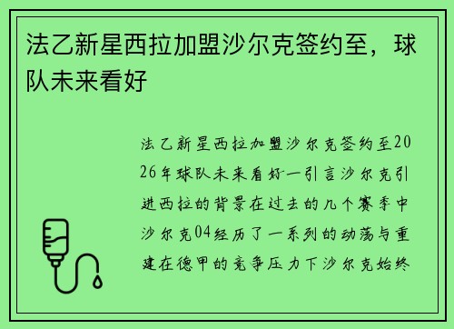 法乙新星西拉加盟沙尔克签约至，球队未来看好