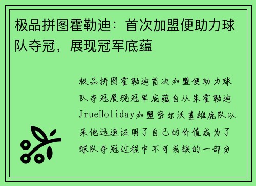 极品拼图霍勒迪：首次加盟便助力球队夺冠，展现冠军底蕴