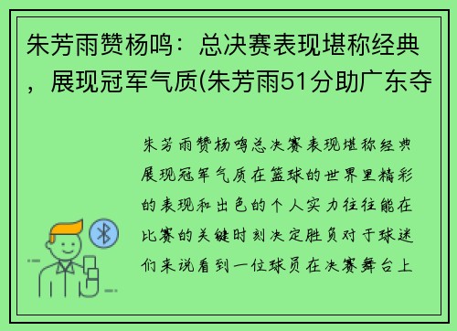 朱芳雨赞杨鸣：总决赛表现堪称经典，展现冠军气质(朱芳雨51分助广东夺冠)