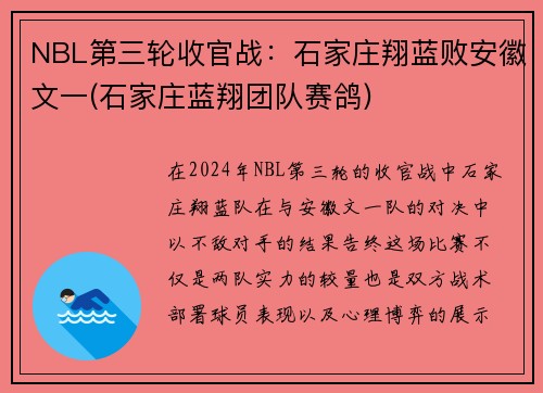 NBL第三轮收官战：石家庄翔蓝败安徽文一(石家庄蓝翔团队赛鸽)