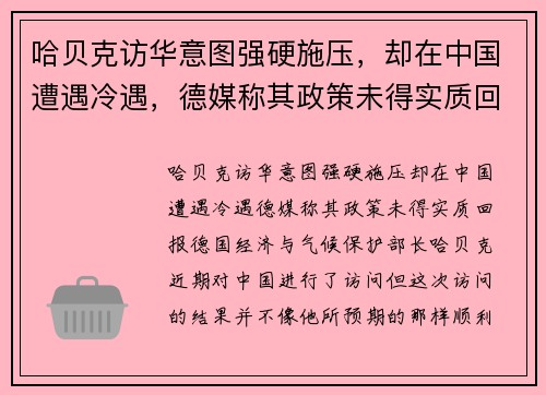 哈贝克访华意图强硬施压，却在中国遭遇冷遇，德媒称其政策未得实质回报