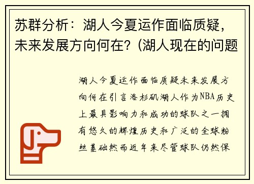 苏群分析：湖人今夏运作面临质疑，未来发展方向何在？(湖人现在的问题)