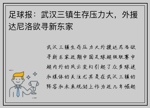 足球报：武汉三镇生存压力大，外援达尼洛欲寻新东家
